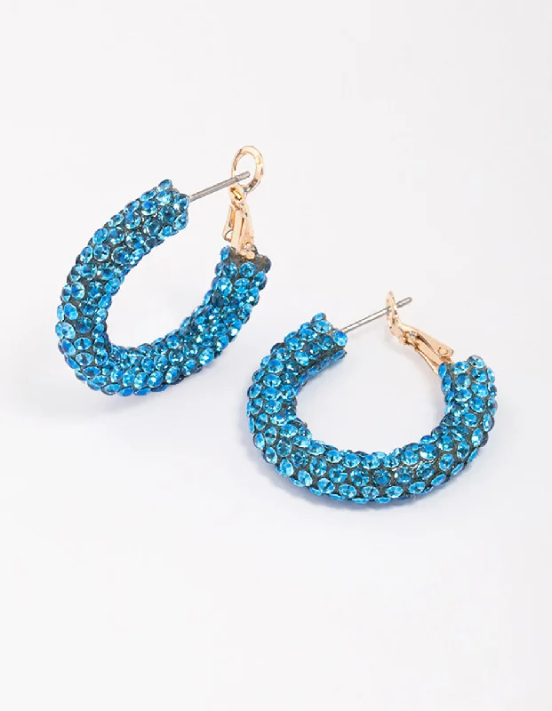 Shiny Stud Earrings-Blue Diamante Medium Hoop Earrings