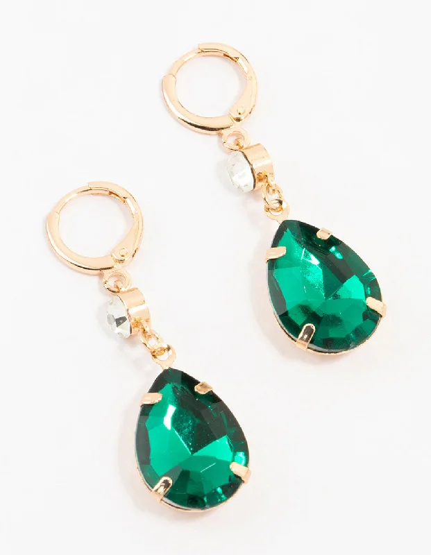 Small Gemstone Earrings-Gold Green Pear Diamante Drop Clicker Earrings