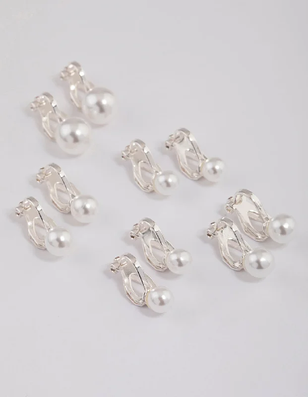 Elegant Drop Earrings-Silver Graduating Pearl Clip On Earrings 5-Pack