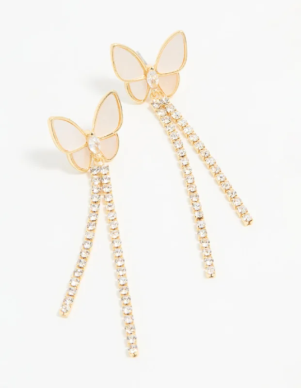 Wedding Earrings for Bride-Gold Plated Mother Of Pearl Butterfly Cupchain Earrings