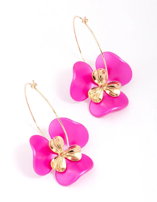 Colorful Drop Earrings-Pink Flower Wire Hoop Earrings