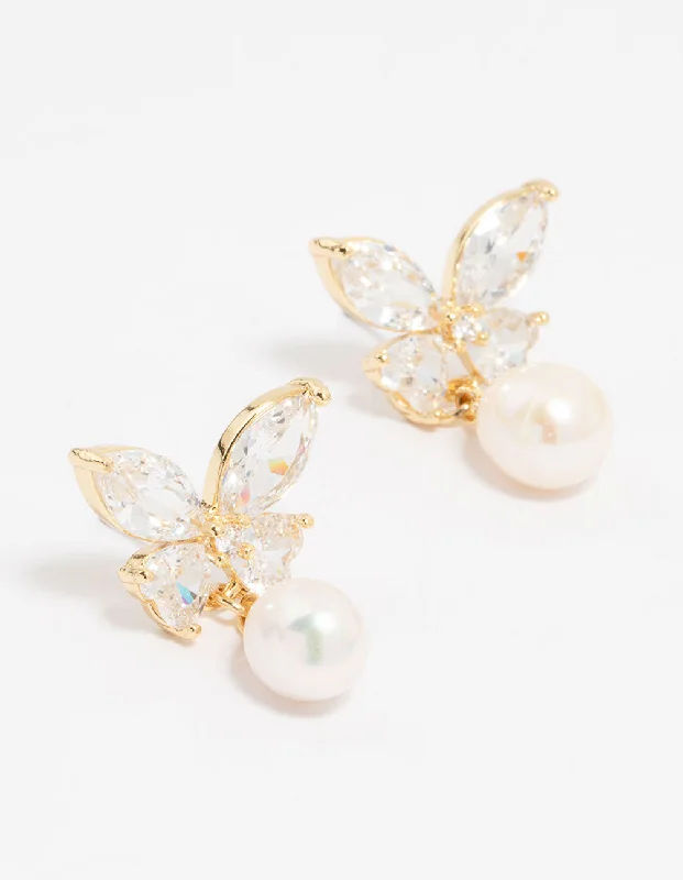 Fashion Earrings for Teenagers-Gold Plated Cubic Zirconia Butterfly Pearl Drop Earrings