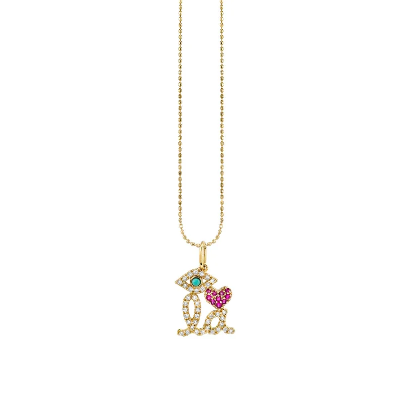 Long Layered Necklace-Gold & Diamond Eye Heart LA Necklace