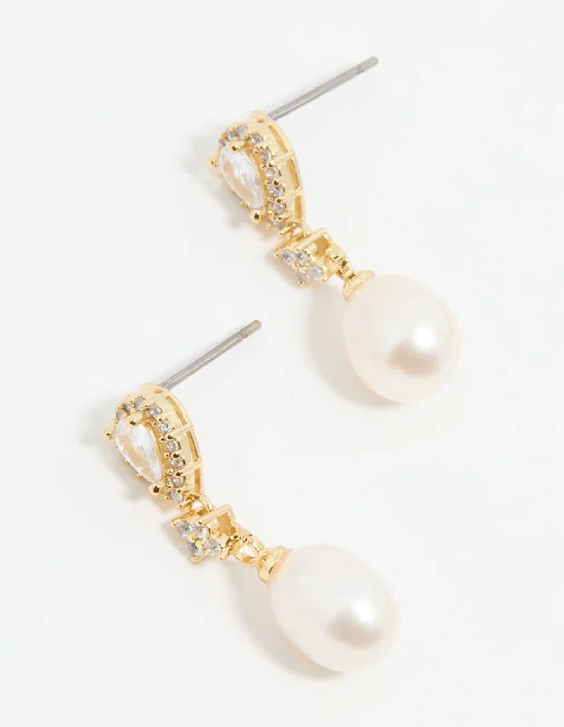 Colorful Pearl Earrings-Gold Plated Pearl Pear Diamante Drop Earrings