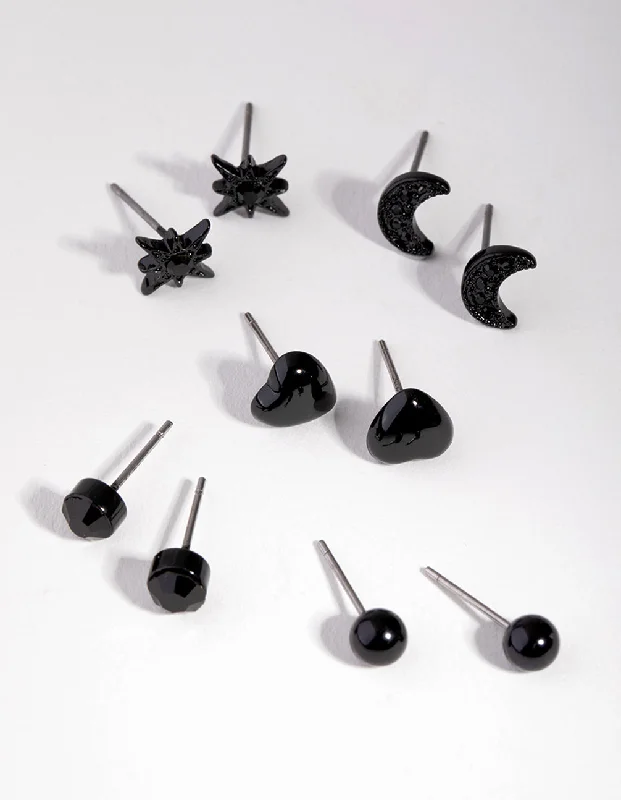 Black Diamond Earrings-Matte Star & Moon 5-Pack Stud Earring