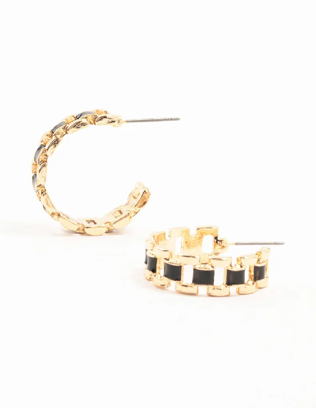 Chic Hoops for Women-Gold & Black Narrow Watch Strap Hoop Earrings