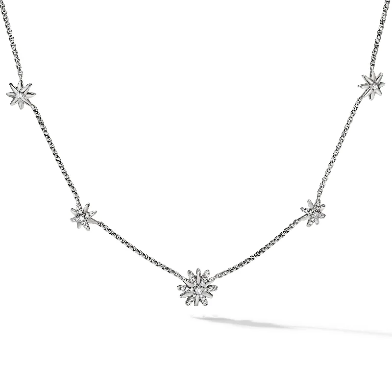 Gold Oval Pendant Necklace-Starburst Station Chain Necklace in Sterling Silver with Diamonds\, 9.5mm