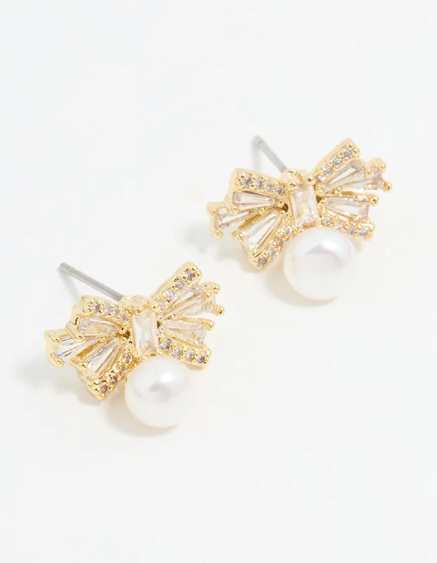 Fancy Earrings for Weddings-Gold Plated Pearl & Cubic Zirconia Bow Baguette Drop Earrings