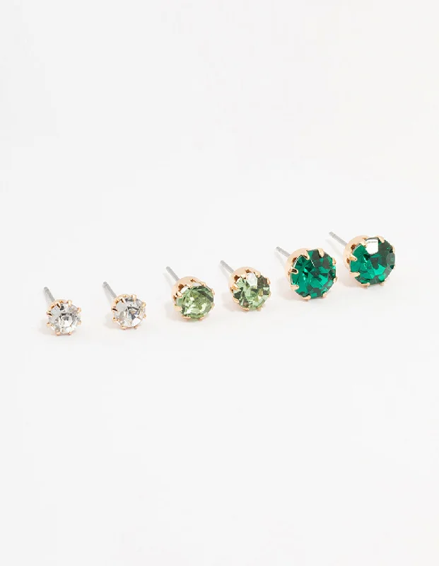 Bridesmaid Earrings-Gold Green Multi Diamante Stud Earrings 3-Pack