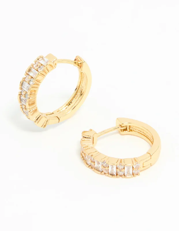 Silver Chandelier Earrings-Gold Plated Diamante Baguette Pave Hoop Earrings