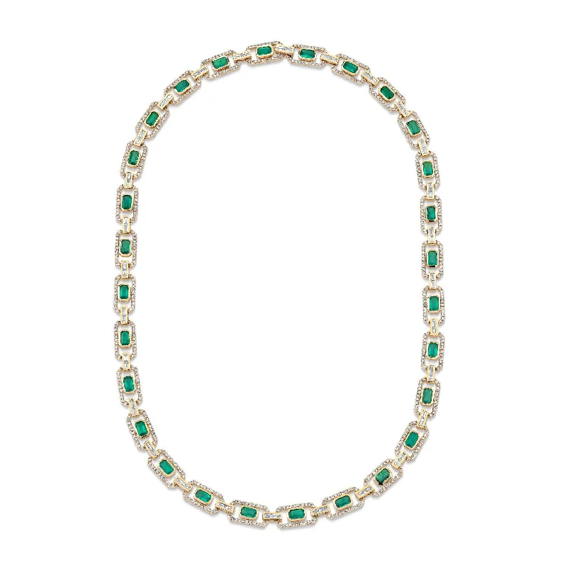 Pearl Chain Necklace-EMERALD & DIAMOND HALO LINK NECKLACE