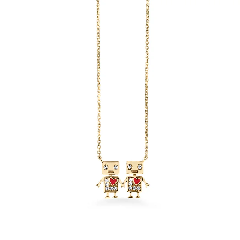 Sparkling Silver Necklace-Gold & Diamond Robot Friendship Necklace