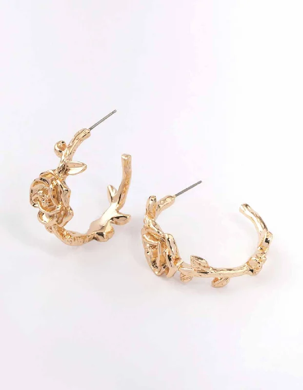 Silver Earrings for Weddings-Gold Rose Hoop Earrings