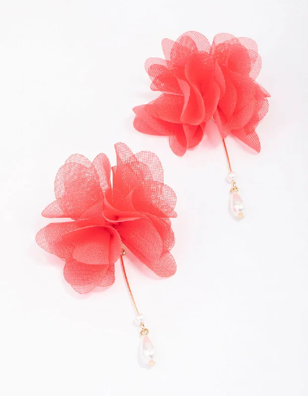 Rose Gold Drop Earrings-Red Fabric Flower Pearl Drop Earrings