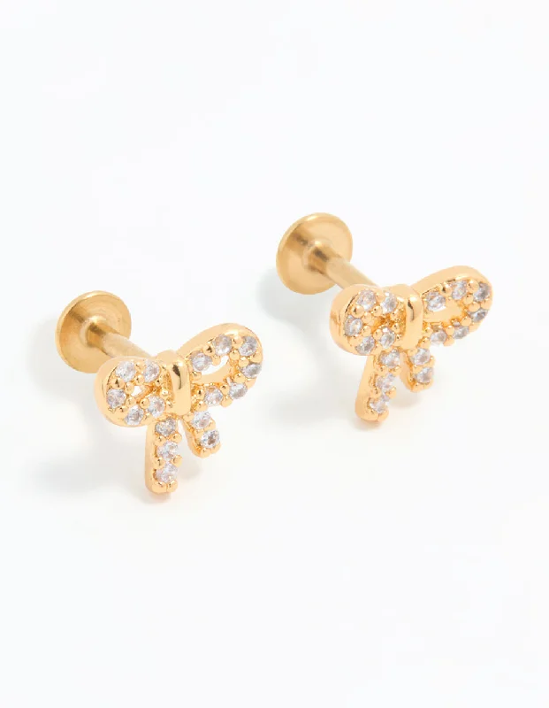 Handmade Bead Earrings-Gold Plated Surgical Steel Cubic Zirconia Pave Bow Flat Back Pair