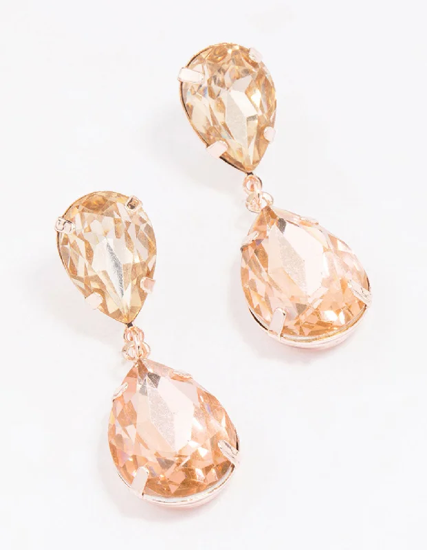 Large Bead Earrings-Rose Gold Double Pear Diamante Drop Earrings