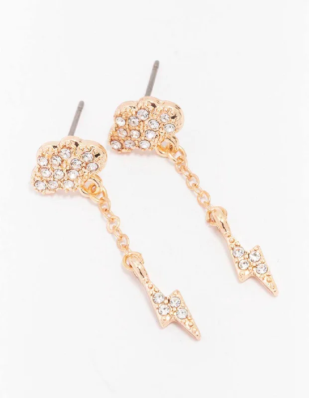 Classic Round Earrings-Gold Diamante Cloud & Lightning Drop Earrings