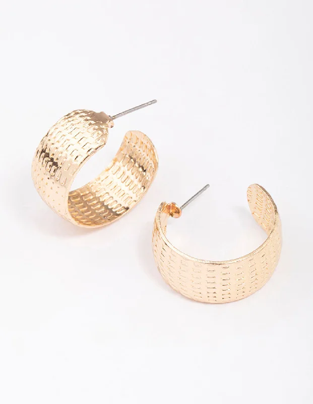 Fashion Earrings for Teenagers-Gold Stippled Wide Huggie Hoop Earrings