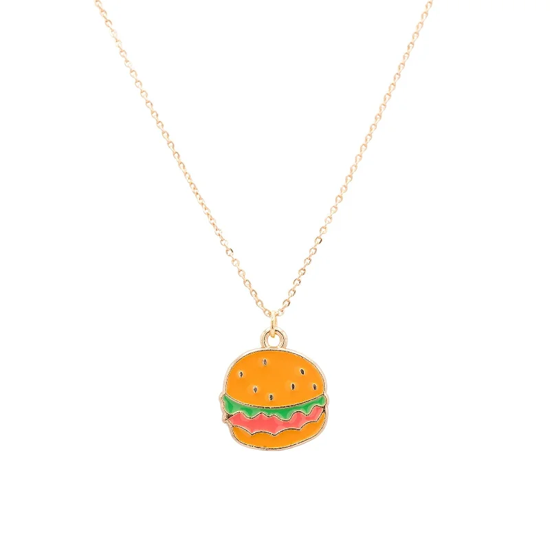 Gold Heart Pendant Necklace-Hamburger Enamel Charm Necklace Children's Jewelry