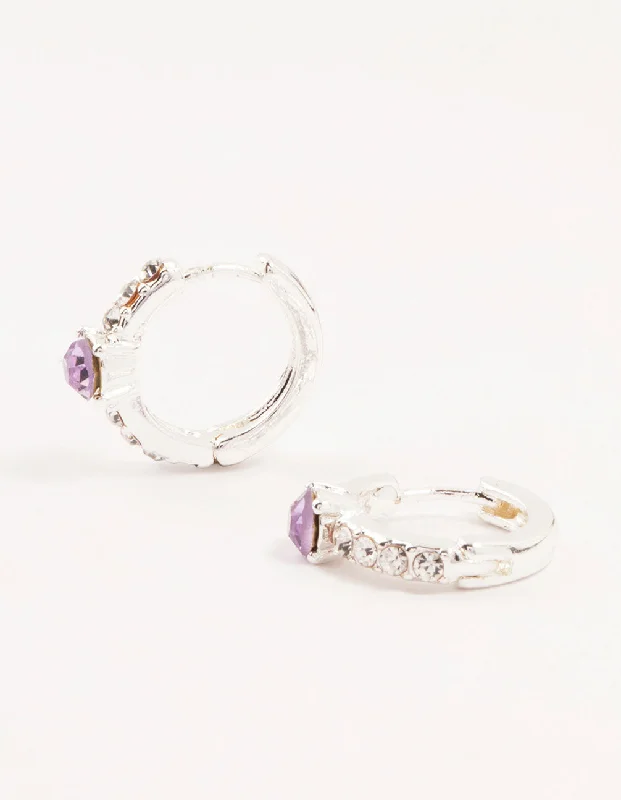 Fashion Earrings for Teenagers-Silver Circular Purple Bohemia Czech Crystal  & Diamante Huggie Earrings