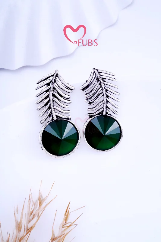 Statement Earrings for Weddings-Green Leafy Oxidized Hook Earrings