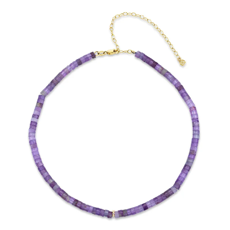 Natural Stone Pendant Necklace-Gold & Diamond Rondelle Amethyst Heishi Necklace