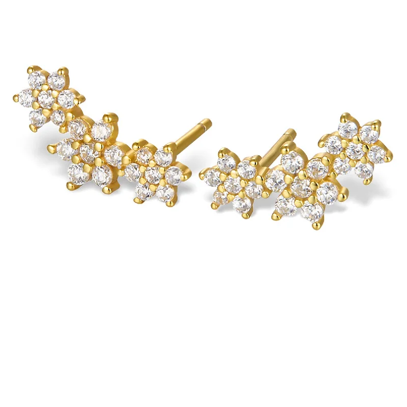 Three-Flower Zircon Ear Studs-Gold