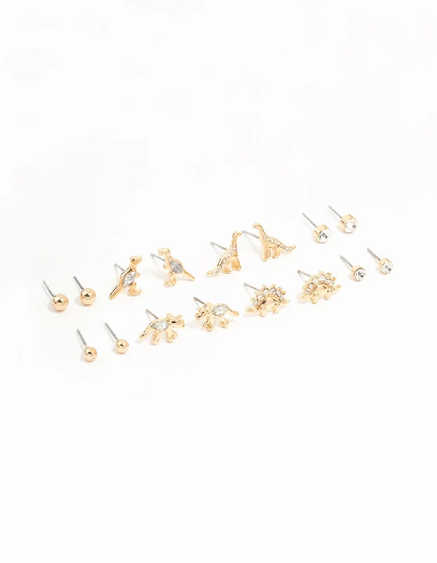 Retro Vintage Earrings-Gold Dinosaur & Diamante Stud Earrings 8-Pack