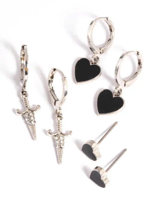 Shiny Crystal Earrings-Silver Heart Flame Earring Stack Pack