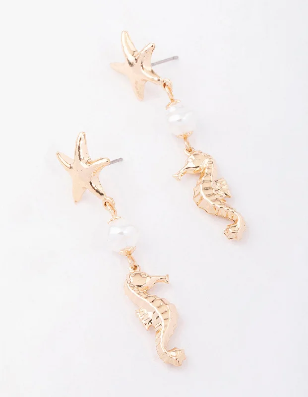 Classic Silver Earrings-Gold Starfish Pearl Drop Earrings