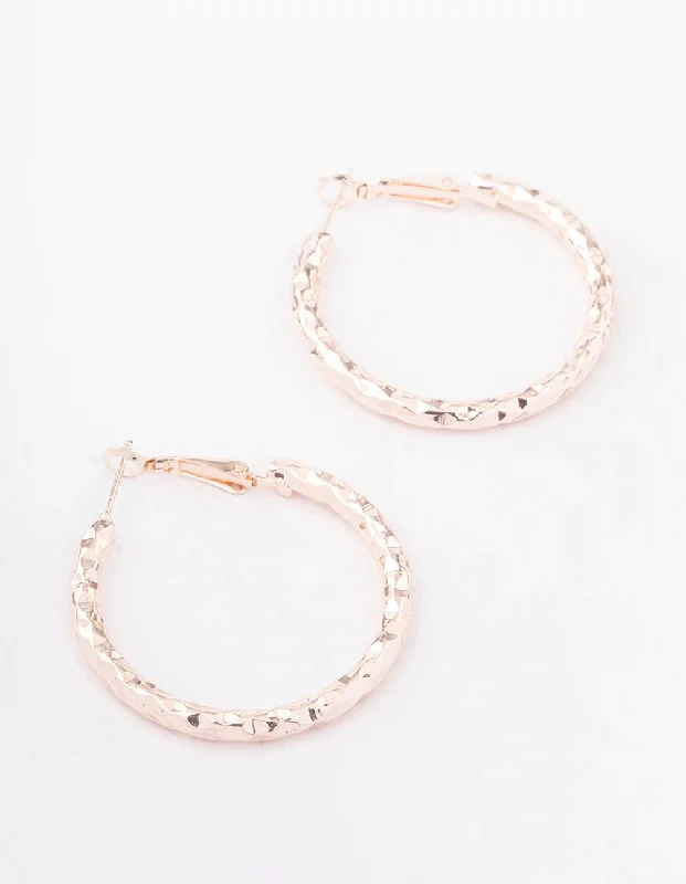 Large Hoop Earrings-Rose Gold Geometric Textured Hoop Earrings