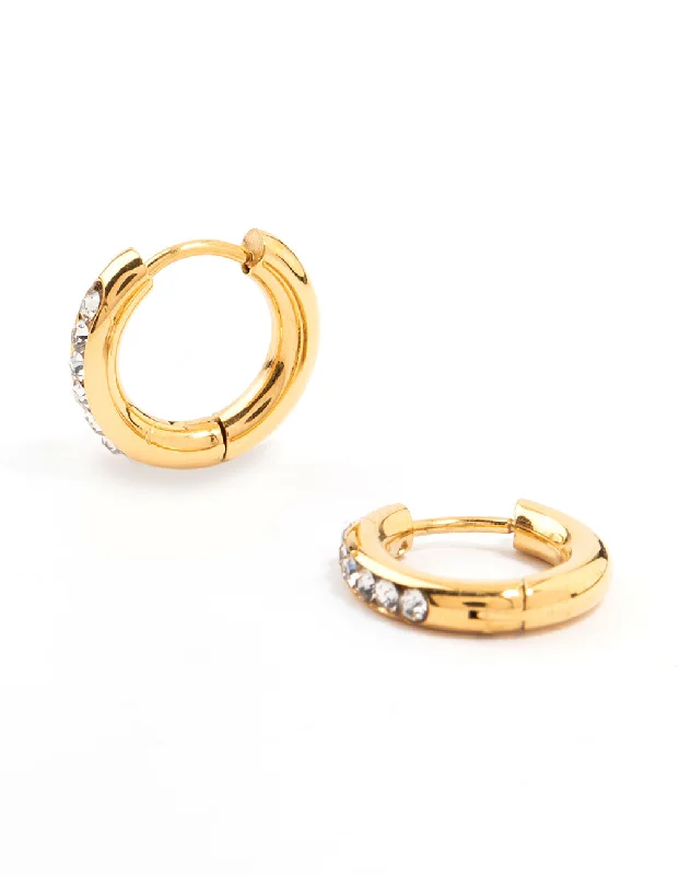 Elegant Gemstone Earrings-Waterproof Gold Plated Stainless Steel Round Diamante Clicker Hoop Earrings