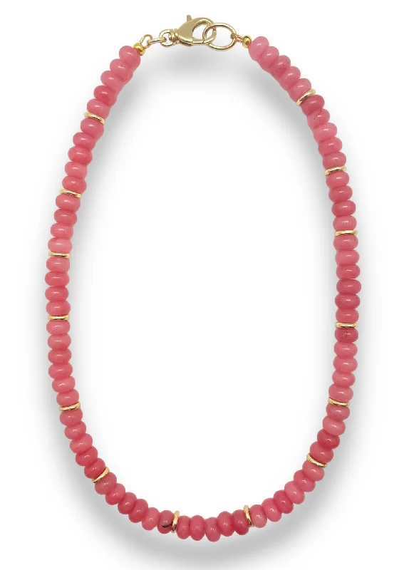 Gold Oval Pendant Necklace-Pink Jade Beaded Necklace