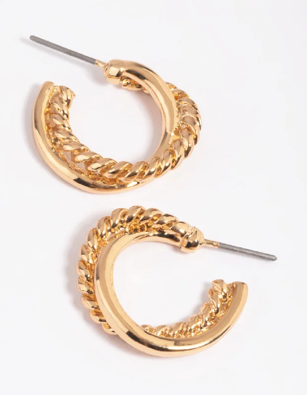 Statement Earrings for Weddings-Gold Cross Over Small Hoop Earrings