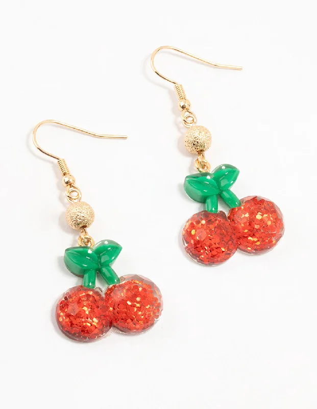 Simple Gold Earrings-Red Acrylic Glitter Cherry Drop Earrings