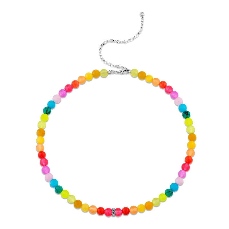 Dainty Crystal Necklace-White Gold & Diamond Rondelle Rainbow Jade Necklace