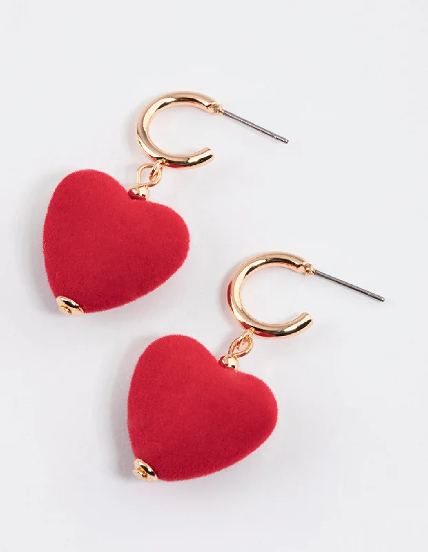 Red Gemstone Earrings-Gold Puffy Fuzzy Heart Drop Earrings