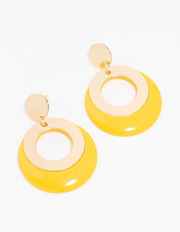 Heart Shaped Earrings-Yellow Gold  Acrylic Disc And Circle Drop Earrings