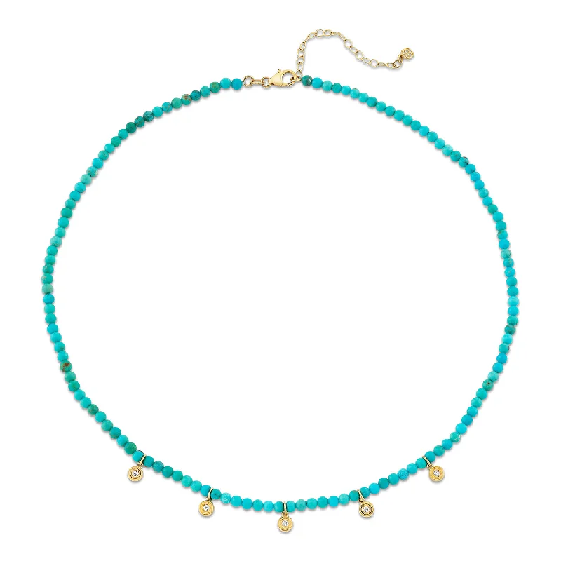 Modern Crystal Necklace-Gold & Diamond Tiny Fluted Charms Turquoise Necklace