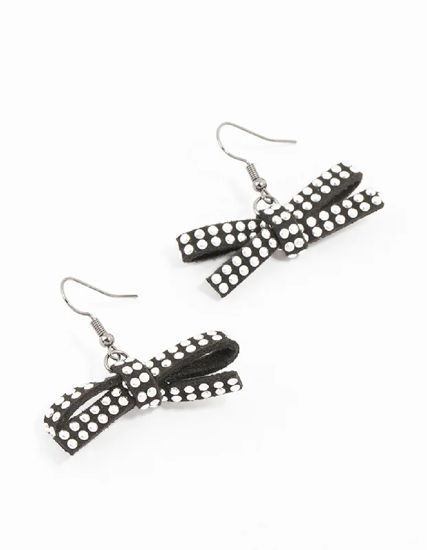 Rainbow Hoop Earrings-Black & White Coated Studded Bow Drop Earrings