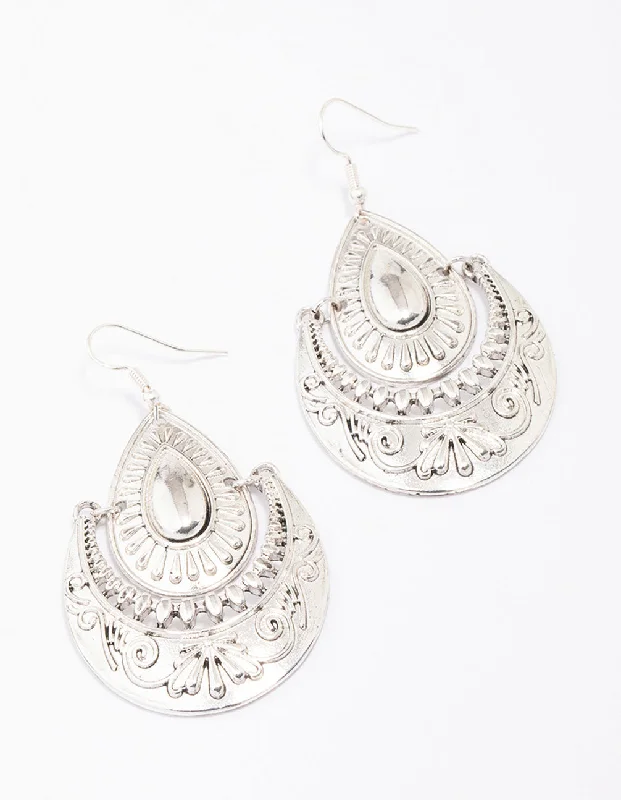 Unique Statement Earrings-Antique Silver Teardrop Medium Drop Earrings