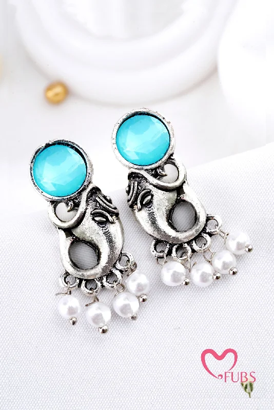 Clear Crystal Earrings-Shree Ganesh Oxidized Pearls Earrings