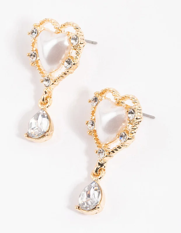 Elegant Statement Earrings-Gold Ornate Diamante & Heart Drop Earrings