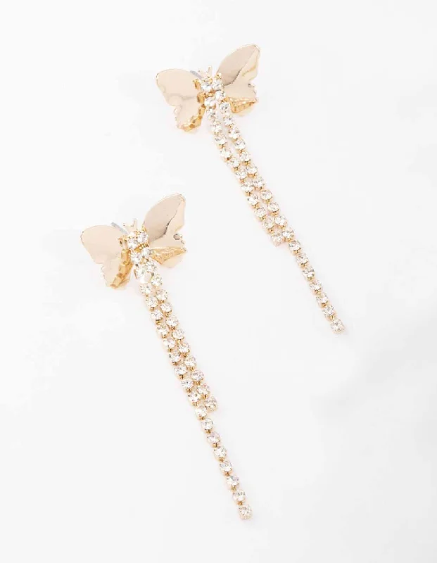 Luxury Gemstone Earrings-Gold Butterfly Cup Chain Drop Earrings