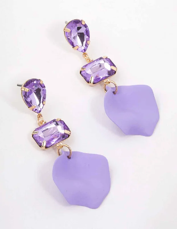 Bright Silver Earrings-Lilac Pear & Rectangle Diamante Petal Drop Earrings