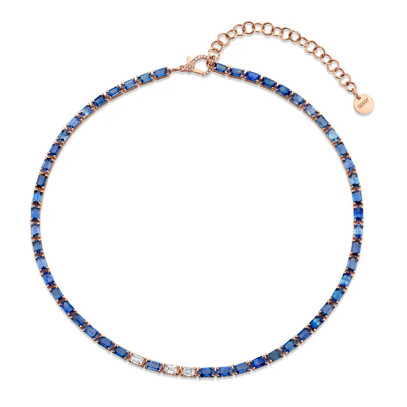 Small Gold Necklace-BLUE SAPPHIRE & DIAMOND TENNIS NECKLACE