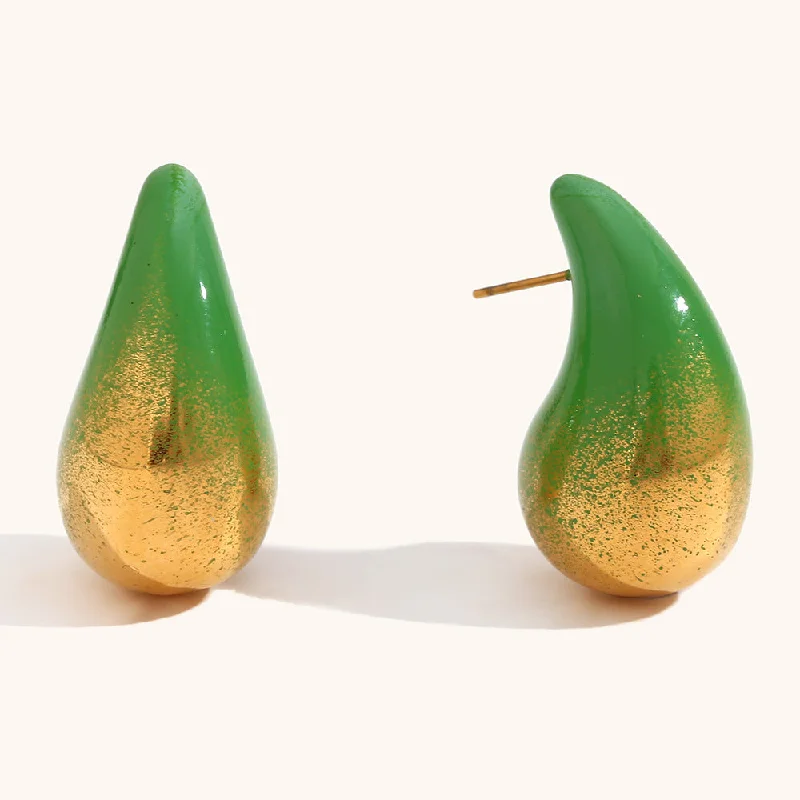 Paint Painting Water Drop Earrings-Gold Green