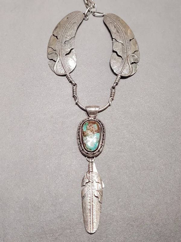 Custom Silver Bar Necklace-Feather Turquoise Necklace - Hallmarked "Billy" - Handmade Native American