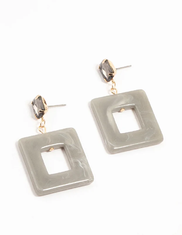 Natural Stone Earrings-Grey Acrylic Cutout Square Drop Gold Earrings