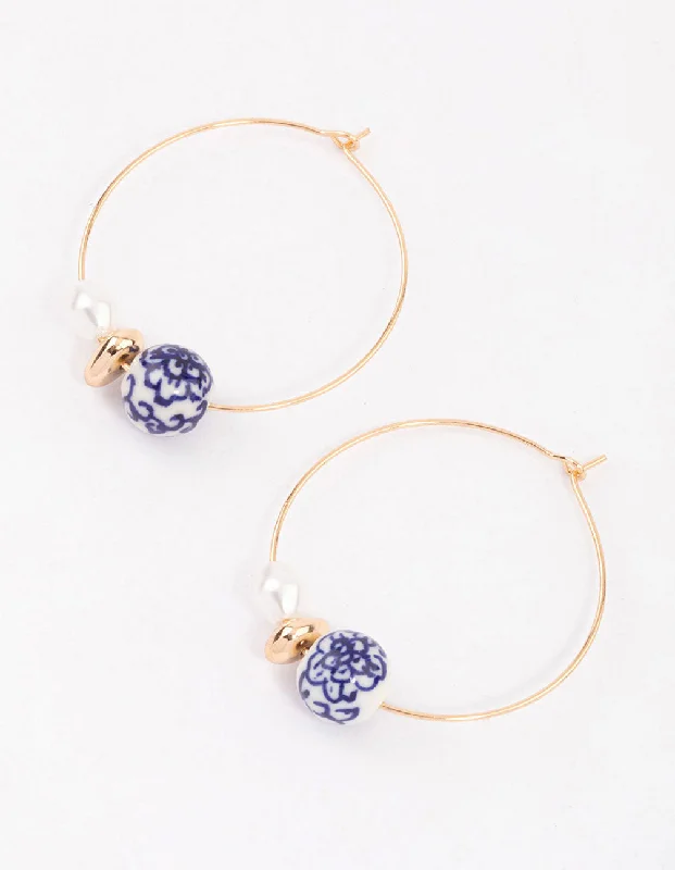 Fancy Drop Earrings-Blue Pearl & Ceramic Beaded Hoop Earrings